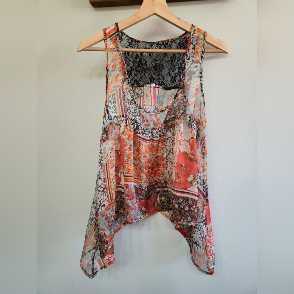 3/$20 Y2K Orange Sheer Boho Oversized Empire Waist Women's Tank Top, M/L